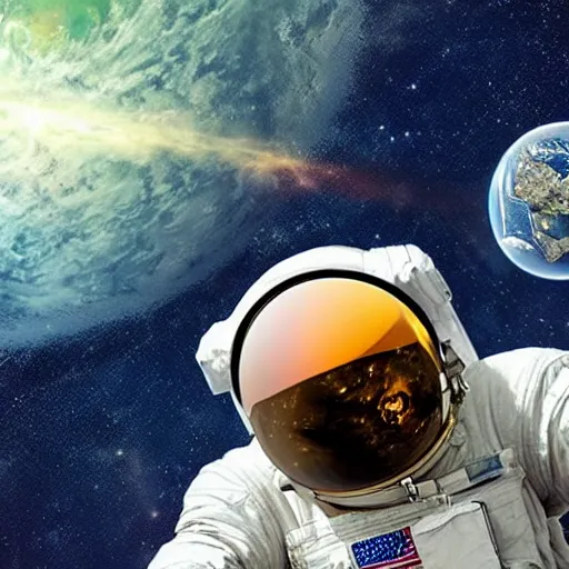 Image similar to astronaut seeing earth sitting in space ship through a apocalypse in the earth