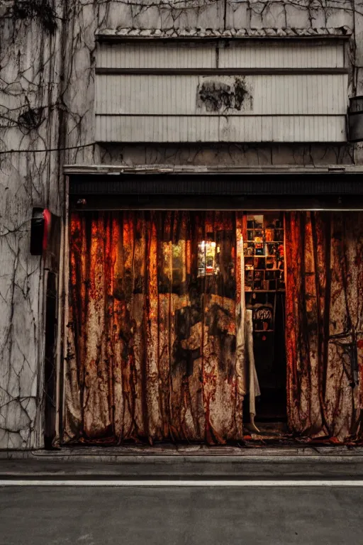 Image similar to 35mm photo of scary haunted japanese storefront, realistic materials, creepy, textures, dark horror, photo realistic, photoreal, detailed, nightmare, sharp focus