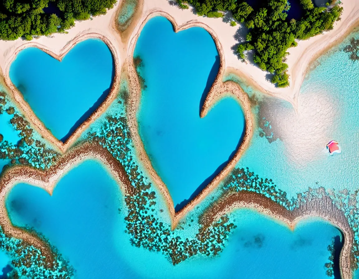 Image similar to closeup shot photo of ultra realistic blue lagoon with exotic tree heart / shaped sandy beach island, sunset lighting