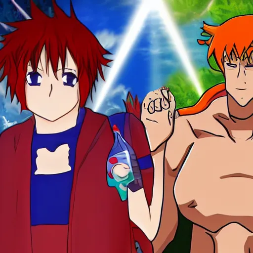 Image similar to anime, shaggy god vs pepsi man