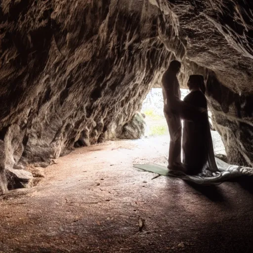 Prompt: mysterious goddess whispering to man in dark cave