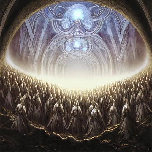 Image similar to a dark cabal of multiple hooded elven mystics in long dark robes gathered in a circular formation around a quantum computer, dan seagrave art, michael whelan, artstation, cgsociety