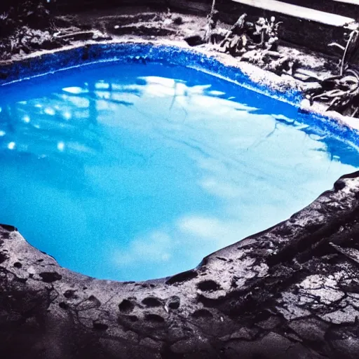 Image similar to A photo of a blue beautiful pool in the middle of hell in 85mm lense, artistic, highly realistic, super detailed, very very detailed, very ahestetic