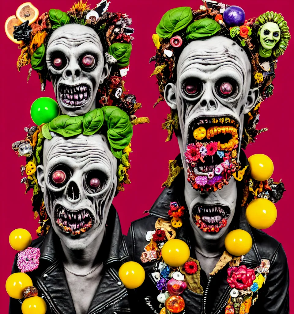 Prompt: portrait of a zombie punk rock star, leather jacket, ripped jeans, head made of fruit gems and flowers in the style of arcimboldo, basil wolverton, kenny scharf, action figure, clay sculpture, claymation, dramatic stage spotlight lighting