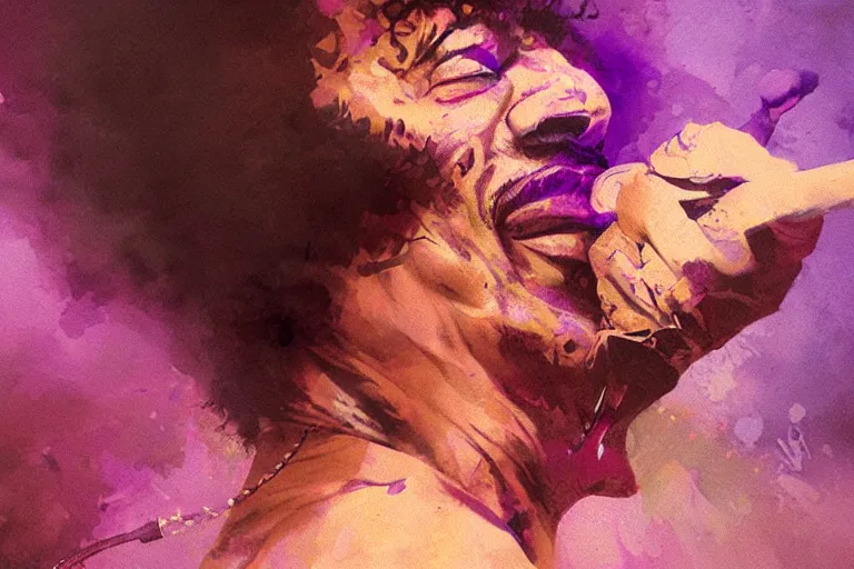 Image similar to jimi hendrix transforming into a purple haze, soft, sharp focus, detailed, artwork by greg rutkowski