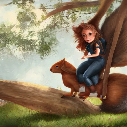 Image similar to girl riding a giant squirrel in the park, trending on artstation