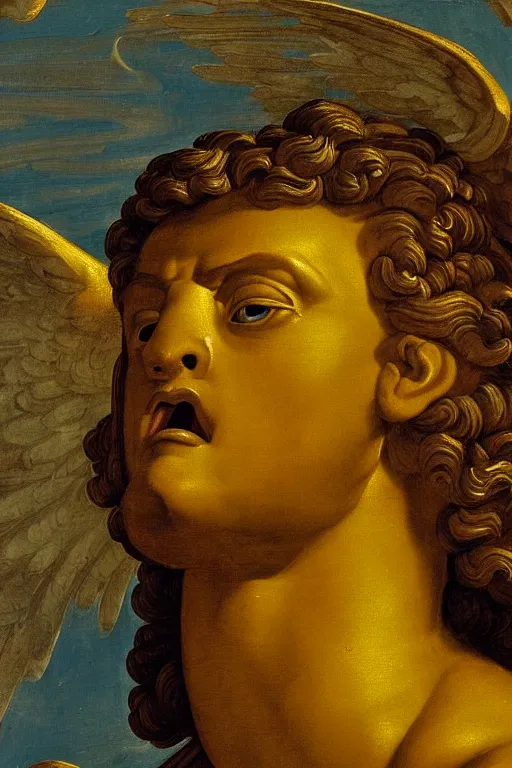 Image similar to archangel Michael, angry face, closeup, ultra detailed, made in gold, Guido Reni style