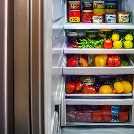 Image similar to photo of a fridge full of food, highly detailed, high quality, HD, 4k, 8k, Canon 300mm, professional photographer, 40mp, lifelike, top-rated, award winning, realistic, sharp, no blur, edited, corrected, trending