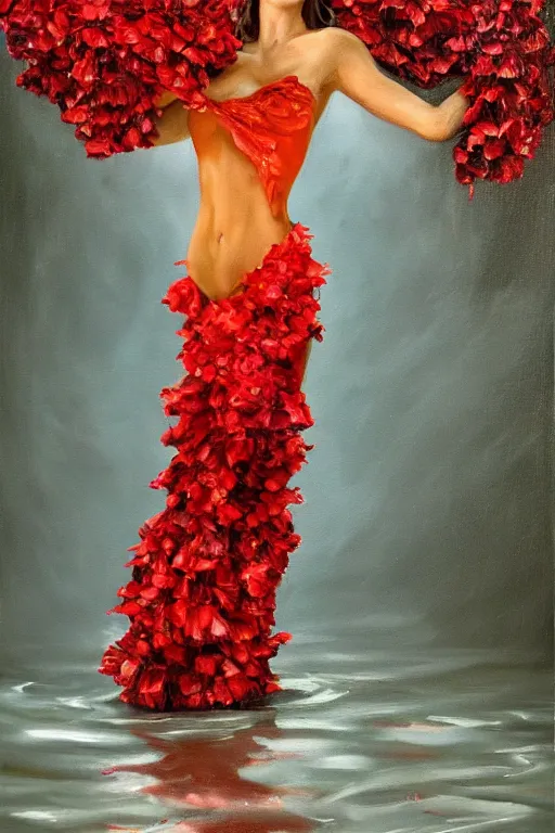 Image similar to detailed oil painting of kate beckinsale as spanish flamenco dancer wearing a red dress made of flowers, engulfed in flames, she's standing waist deep in water, dimly lit, looking away, dark shadows, ethereal, foggy, moody, surreal, high definition, 4 k, slr