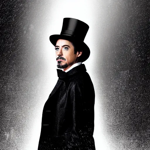 Prompt: photograph portrait of robert downey junior with a trenchcoat and tophat, rain, night, dense fog, hyperdetailed