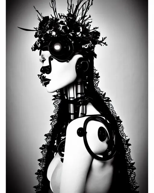Prompt: dreamy surreal poetic black and white photo of a beautiful young bio-mechanical-female-cyborg-plastic-robot with a very long neck and a super big gothic lace collar and a very high big floral crown with many black dry roses by Vivienne Westwood:: smoke, high fashion, haute couture, rococo, avant-garde, elegant, dreamy, hyper realistic, 150 mm lens, soft rim light, octane render, unreal engine, picture was taken in 1910 by Dora Maar, volumetric lighting, dramatic light,8k,