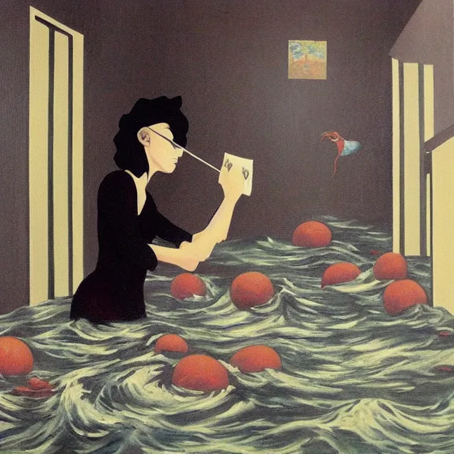 Image similar to tall female emo artist in their flooded apartment, painting of flood waters inside an artist's home, a river flooding indoors, pomegranates, pigs, ikebana, zen, water, octopus, river, rapids, waterfall, black swans, canoe, berries, acrylic on canvas, surrealist, by magritte and monet