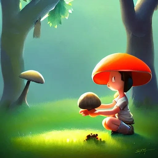 Image similar to goro fujita ilustration girl picking mushrooms in the forest, painting by goro fujita, sharp focus, highly detailed, artstation