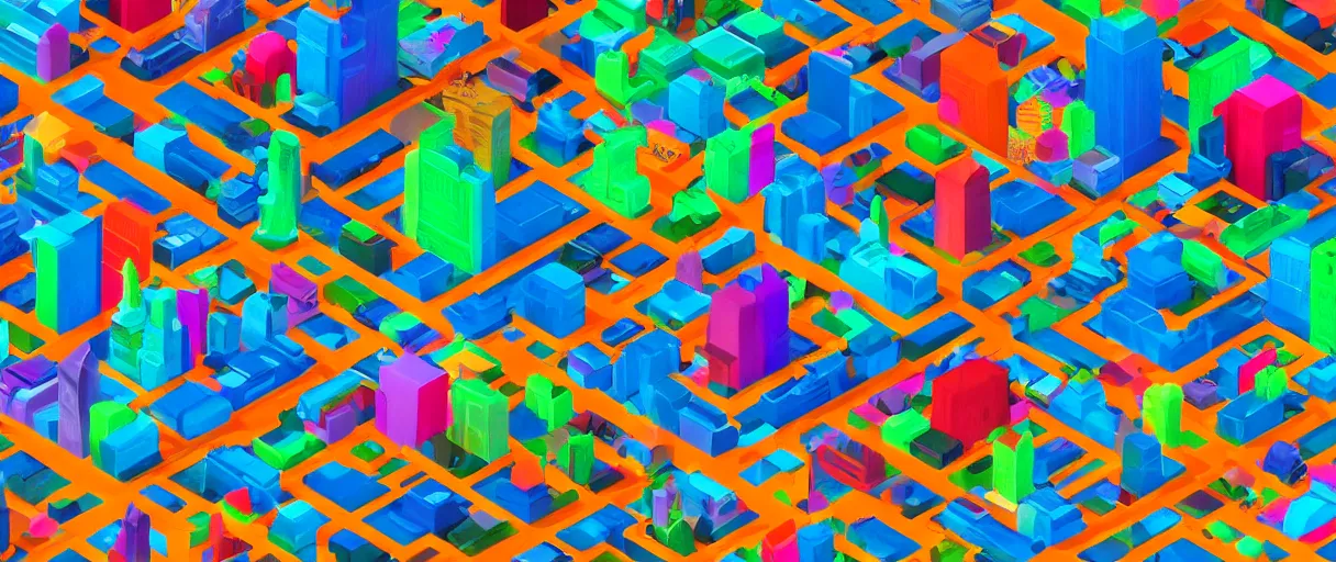 Prompt: an epic 3D city, made up of colorful particles, isometric view, digital art