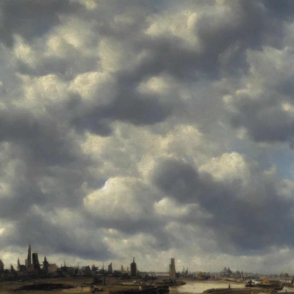 Prompt: a realistic oil painting of cloudy skies at midday, dutch masters