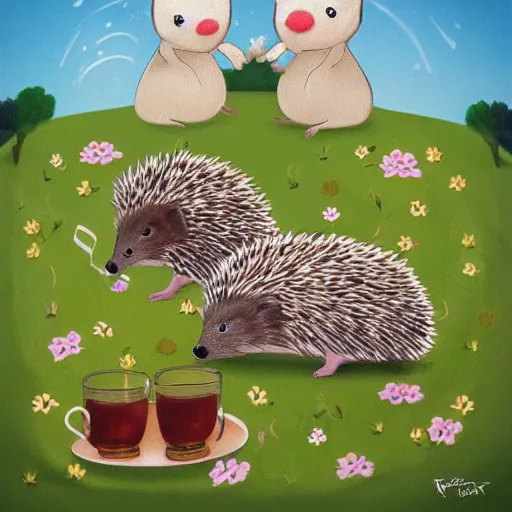 Prompt: Hedgehogs visiting their friends rabbits and drinking tea