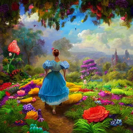 Image similar to portrait of a victorian woman, running up a hill of exotic flowers in the candyland, giant multicolored lollipops, and gumdrops, exotic plants in the shape of candies, from behind, Castle in distance, birds in the sky, sunlight and rays of light shining through trees, beautiful, solarpunk!!!, highly detailed, digital painting by Michael Garmash and Peter Mohrbacher