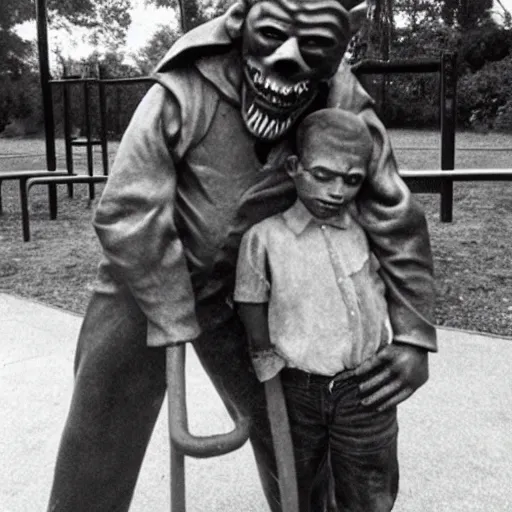 Prompt: a scary demon hugging robert johnson at a mcdonald's playground, photograph