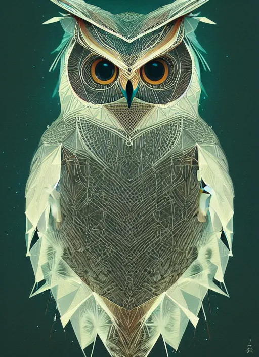 Image similar to portrait of a geometric owl, identical eyes, medium shot, illustration, full body made of white feathers, symmetrical, art stand, super detailed, cinematic lighting, and its detailed and intricate, gorgeous, by peter mohrbacher