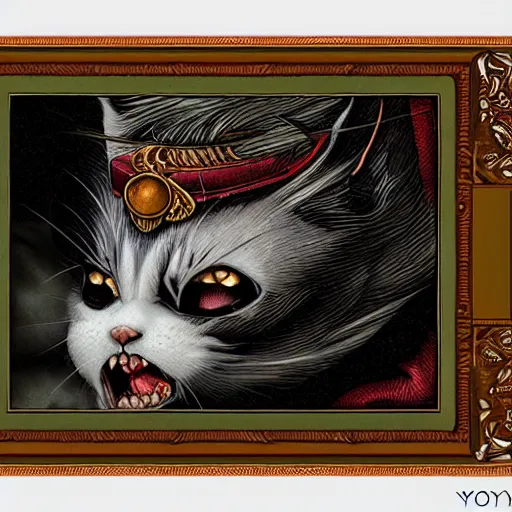 Image similar to vampire cat, inside a frame on a tiled wall, frontal picture, by yoichi hatakenaka, masamune shirow, josan gonzales and dan mumford, ayami kojima, takato yamamoto, karol bak