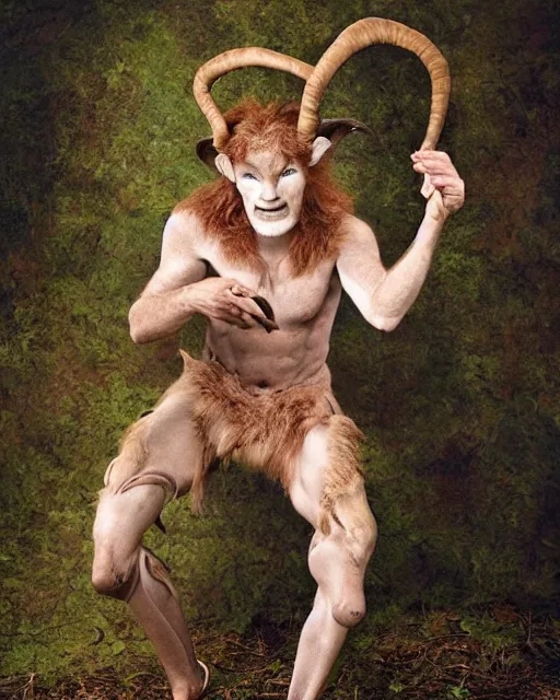 Prompt: actor Conan O’Brien in Elaborate Pan Satyr Goat Man Makeup and prosthetics designed by Rick Baker, Hyperreal, photos in the style of Annie Leibovitz