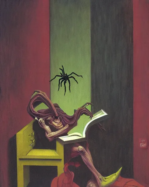 Prompt: a dark figure reading in a library with a large spider laughing, high angle. oil on canvas. in the style of Francis Bacon and Zdzislaw Beksinski, Edward Hopper and Norman Rockwell, highly detailed, very coherent, triadic color scheme, Victo Ngai and surrealism, airbrush, very coherent, triadic color scheme, art by Takato Yamamoto and James Jean