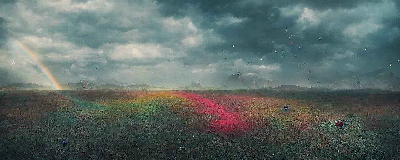 Prompt: ” clown world landscape, [ by wlop, cinematic, detailed, clown, widescreen, opening, establishing, mattepainting, photorealistic, rainbow textures, octane render ] ”