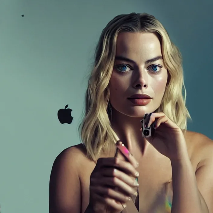 Image similar to margot robbie, holding iphone. very coherent symmetrical artwork. cinematic, high detail, octane render, 8 k, iridescent accents