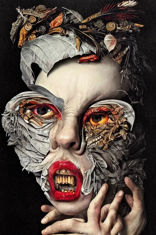 Prompt: Detailed maximalist portrait with large lips and with large white eyes, angry, exasperated expression, extra fleshy hands, HD mixed media, 3D collage, highly detailed and intricate, surreal illustration in the style of Caravaggio, dark art, baroque