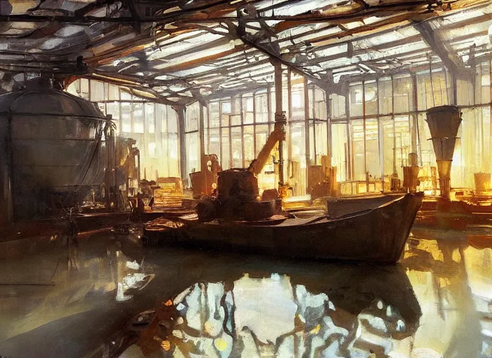 Image similar to oil painting of copper potstill in factory, art by anders zorn, wonderful art by greg rutkowski, beautiful cinematic light, american romanticism by greg manchess, reflections and refraction, sunlight