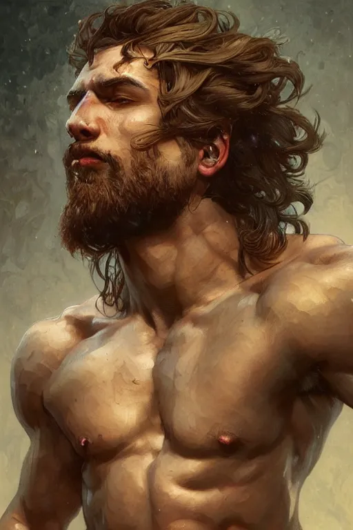 Image similar to portrait of a depressed herculian man, forest, full body, muscular, fantasy, intricate, elegant, highly detailed, digital painting, artstation, concept art, sharp focus, illustration, art by artgerm and greg rutkowski and alphonse mucha