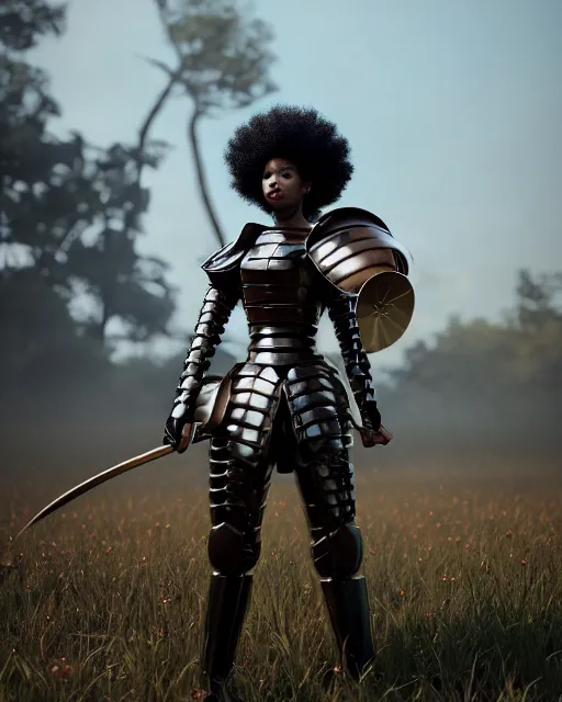 Prompt: fully armored samurai, unreal engine 5, afro, female, blender, atmosphere, artstation, brown skin, gorgeous, depth of field, landscape, lush, ultra realistic, cinematic, macro, artstation, megascan, elegant, epic, Quixel, weta digital, focus, octane render, v-ray, 8k, art by Sonia Delaunay