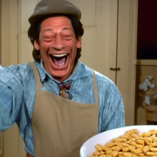 Image similar to jim varney pouring out a box of cereal into a white bowl laughing hard with large buck teeth, award winning cereal commercial