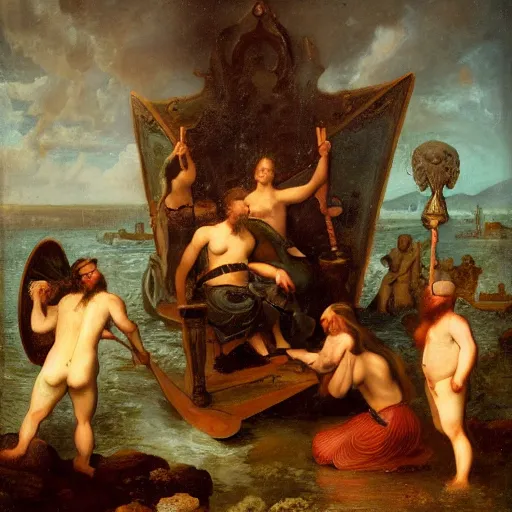 Image similar to copper by albert bierstadt, by frans francken the younger depressing. a photograph of a mythological scene. large, bearded man seated on a throne, surrounded by sea creatures. he has a trident in one hand & a shield in the other. behind him is a large fish. in front of him are two smaller creatures.