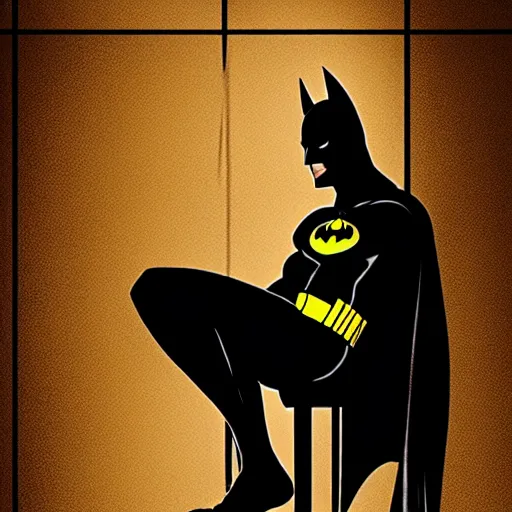 Image similar to low - angle shot from the ground of batman sitting on a toilet with pants down, dirty wall tiles, claustrophobic room, hyper - realistic comic digital art by frank miller, dramatic lights, realistic, very very detailed, 4 k, dark colours