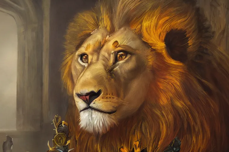 Image similar to An antropomorphic lion dressed as king in a Gothic atelier, oil painting, detailed, colorful, 4k, dimly lit, in the style of Yanjung Chen and Tom Bagshaw