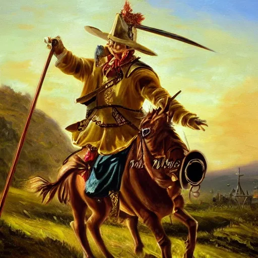 Image similar to masterful, high quality oil painting of a yellow cat dressed as don quixote, fighting giants