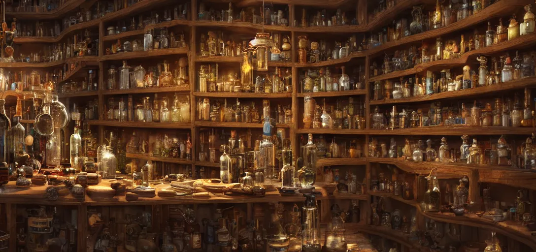 Image similar to An intricate scene with a lot of magic bottles and mechanisms of an alchemist, other bookshelves with bottles and alchemy stuff in the background::fantasy, detailed concept art, artstation, high details::8K, 4K, sharp focus, octane render