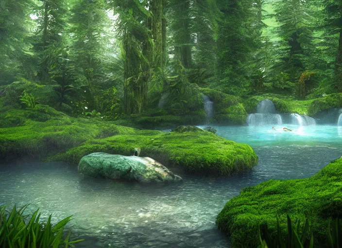 Image similar to A natural pool in a forest with tall trees, overgrown with moss, surrounded by lush plants, vines hanging from the tall trees, pine trees, detailed, digital art, trending on Artstation, atmospheric, volumetric lighting, hyper-realistic, Unreal Engine, sharp