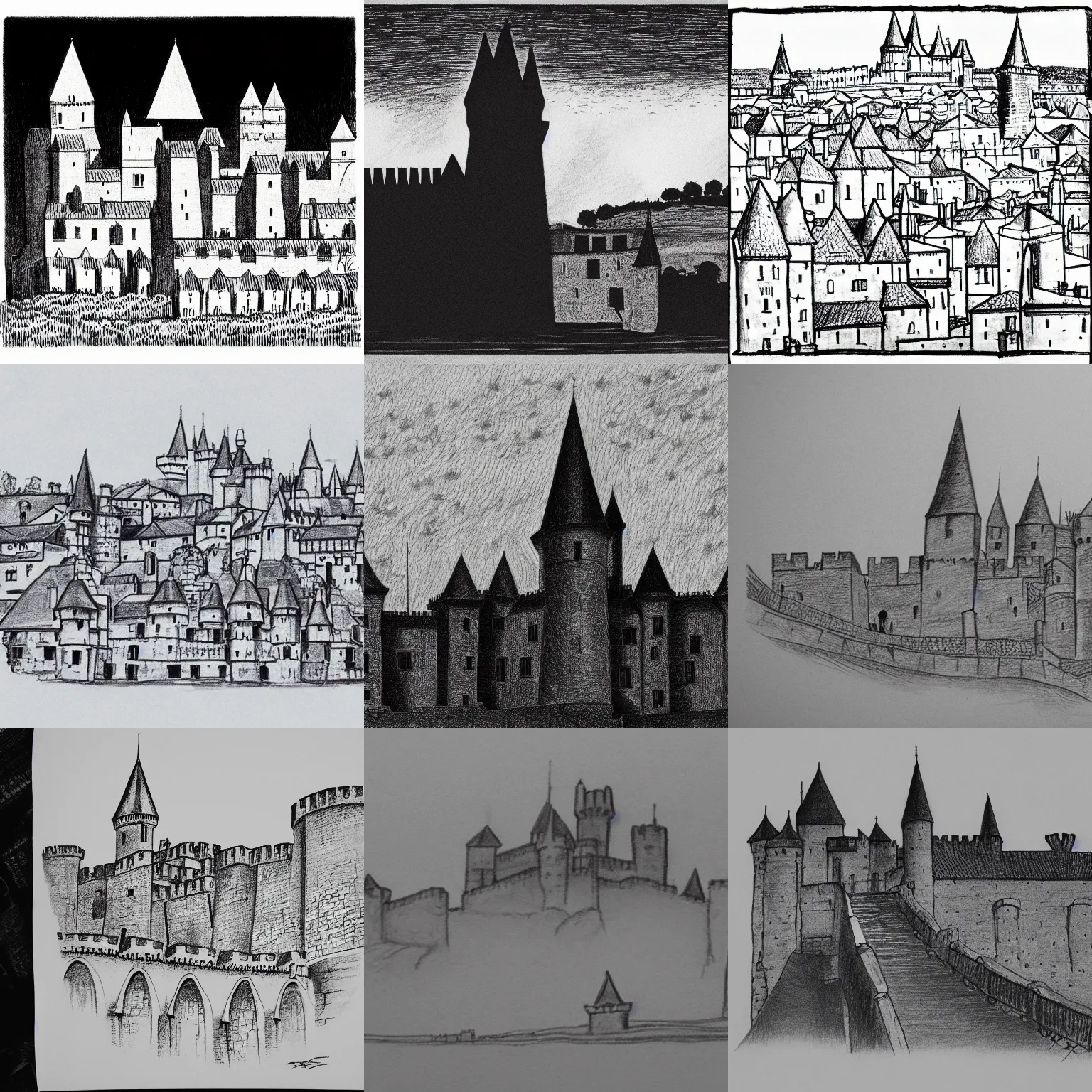 Prompt: cross hatching drawing silhouette of city of carcassonne