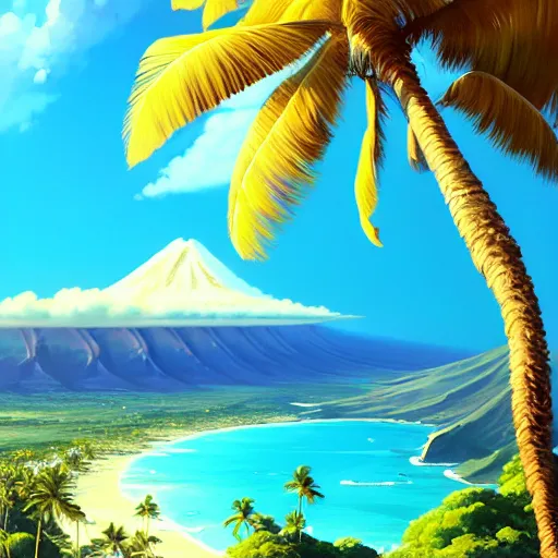 Image similar to a painting a breathtaking aerial view of Hawaiian islands, surrounded by palm trees, clouds, flowers, volcano, azure ocean, sunlight glistening, glow, , a detailed matte painting by sylvain sarrailh, Stephan Martinière, by RHADS, Makoto Shinkai, bokeh, Artstation contest winner, fantasy art, concept art, #vfxfriday