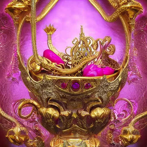 Image similar to a stream of delicious thick pink sauce pouring into an exquisitely detailed beautiful goblet covered in gold filigree carvings of mystical scenes, glimmering diamonds, sapphires and rubies, lapis lazuli inlay, precious artifact, hyperrealistic, 8K HD octane render, fantasy concept art, cinematic lighting, popular on artstation