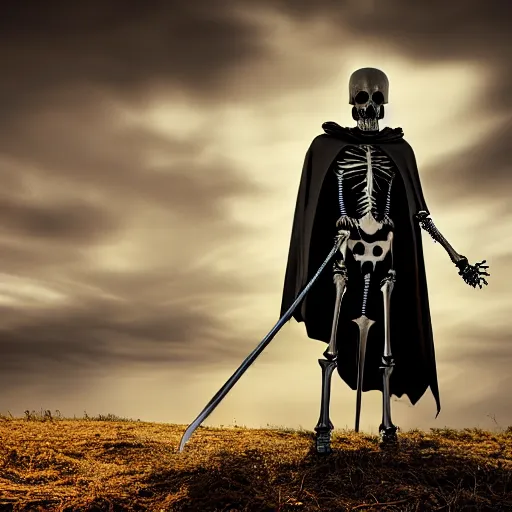 Prompt: the skeleton knight of death in black with a black cape billowing in the wind, golden hour, shallow depth of field, moody lighting, 8 k, concept art,