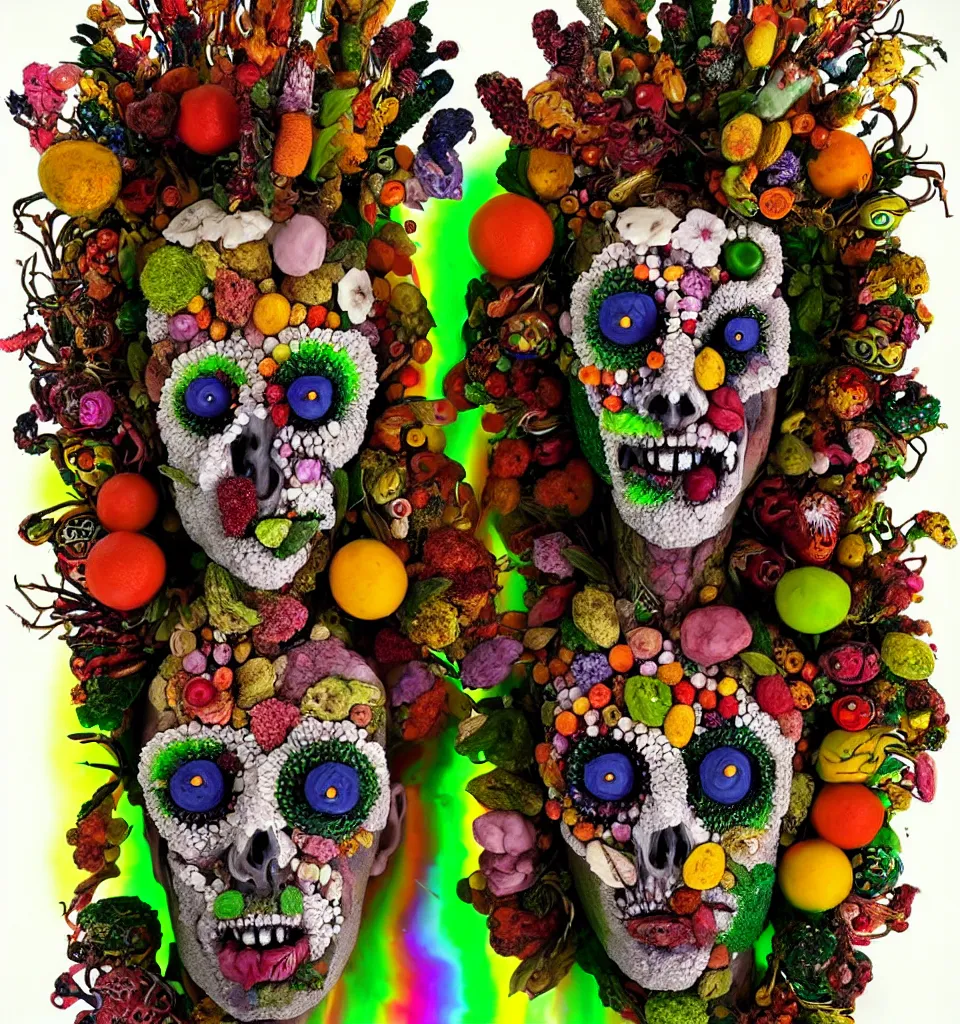 Image similar to portrait of a trickster nature spirit, undead, head made of fruit gems and flowers in the style of arcimboldo, philip taaffe, david altmejd, pop art, action figure, clay sculpture, claymation, green and neon lighting, rainbow stripe background