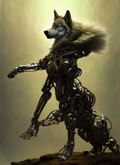 Prompt: organic cyborg wolf, full body, diffuse lighting, fantasy, intricate, elegant, highly detailed, lifelike, photorealistic, digital painting, artstation, illustration, concept art, smooth, sharp focus, art by John Collier and Albert Aublet and Krenz Cushart and Artem Demura and Alphonse Mucha