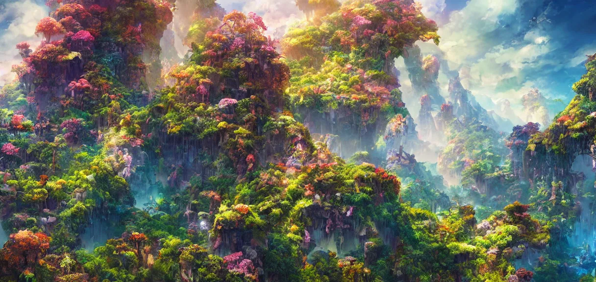 Prompt: the landscape of an unimaginable and beautiful place with all types of colorful vegetation in the clouds, beyond the physical realm, an ultrafine hyperdetailed illustration by kim jung gi, irakli nadar, intricate linework, bright colors, octopath traveler, final fantasy, unreal engine 5 highly rendered, global illumination, radiant light, detailed and intricate environment