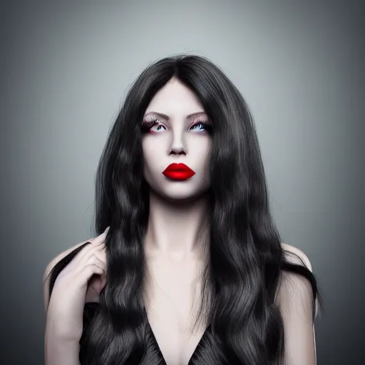 Prompt: complex 3 d render, ultra detailed, realistic photo of a beautiful porcelain skin woman, black long hair, full body, wearing dress, detailed almond eyes shape, red lipstick, plump lips, beautiful, studio photo, proportional