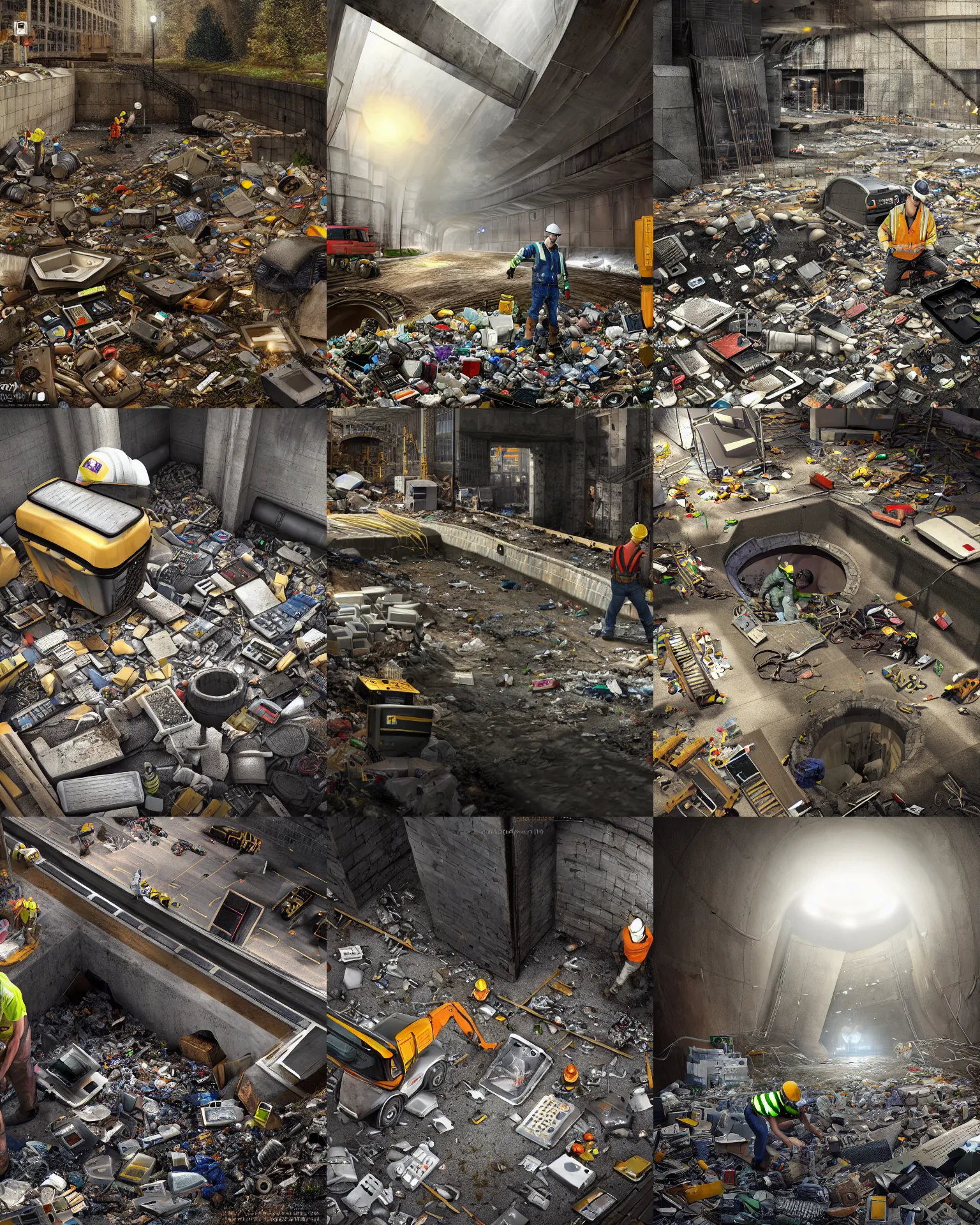 Prompt: construction worker in a large underground storm sewer, a massive pile of electronics as trash in the underground storm sewer, very detailed, maximalism, unreal engine, hyper realism, realistic shading, cinematic composition, blender render, octane render, hdr, detailed textures, photorealistic, wide shot