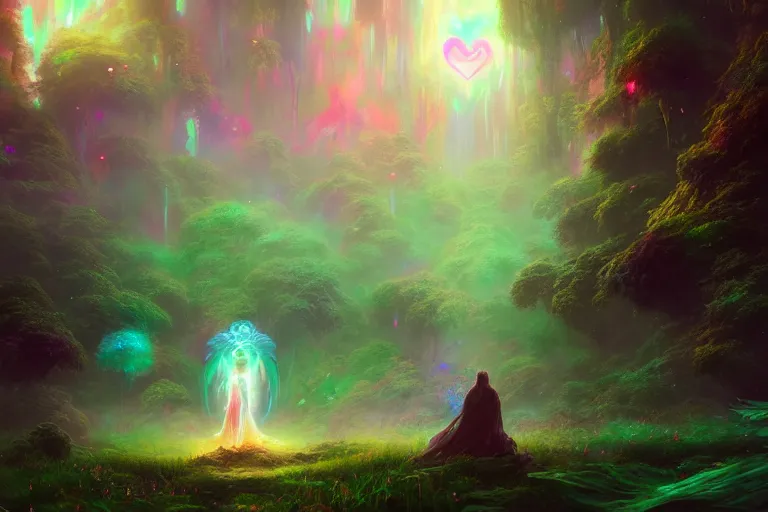 Prompt: a psychedelic realm hidden away in a pocket of ethereal understanding | astral beings sharing love | in the style of greg rutkowski | and wlop | and lisa frank | and bob ross | and ruan jia | illustration | epic | fantasy | hyper detailed | smooth | unreal engine | sharp focus | ray tracing