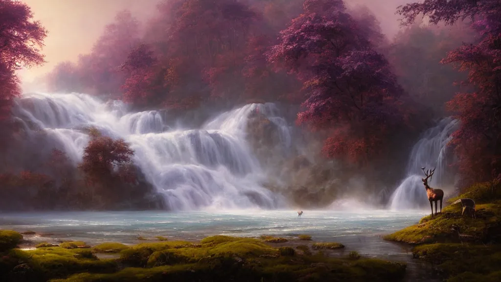 Image similar to the most beautiful panoramic landscape, oil painting, where a giant dreamy waterfall creates a river, the trees around are starting to bloom in purple colors, a majestic deer is in close - up and it is exhaling steam, the ray lights of the sunrise are brightening him, by greg rutkowski